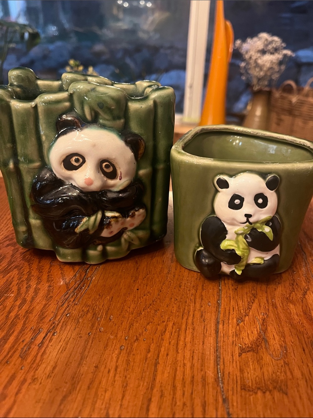 Vintage Succulent Planters Green Bamboo Panda Bear Pottery Vases